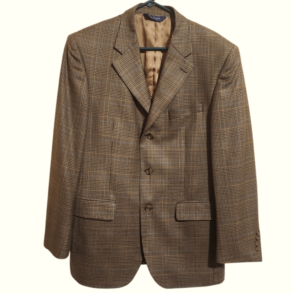 100% wool Paul‎ Fredrick brown houndstooth suit separate lined jacket 41R